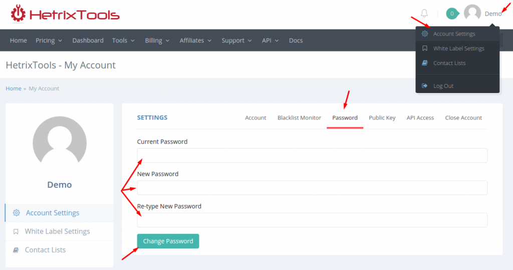 Change Password – HetrixTools