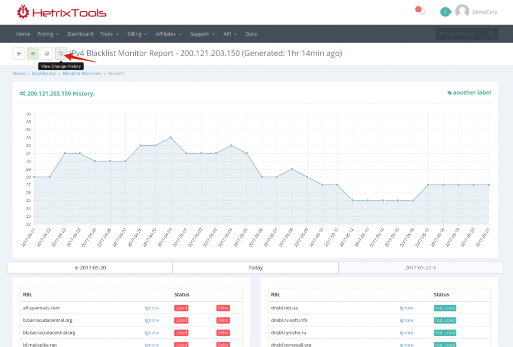 View Blacklist Monitor Changes History – HetrixTools